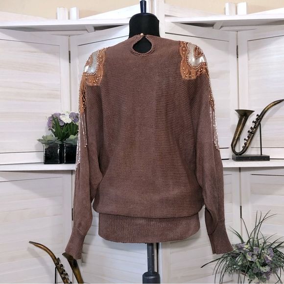 Vintage 80s 90s dolman sleeves beaded chocolate brown cotton tunic sweater sz L - Picture 3 of 9